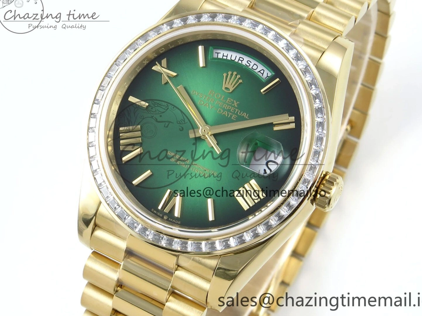 MiroTime 1224 TechFriendly DayDate 40 YG QF 1:1 Best Edition Green Black Dial Diamonds Bezel on President Bracelet A2836 V5 (Gain Weight) 490
